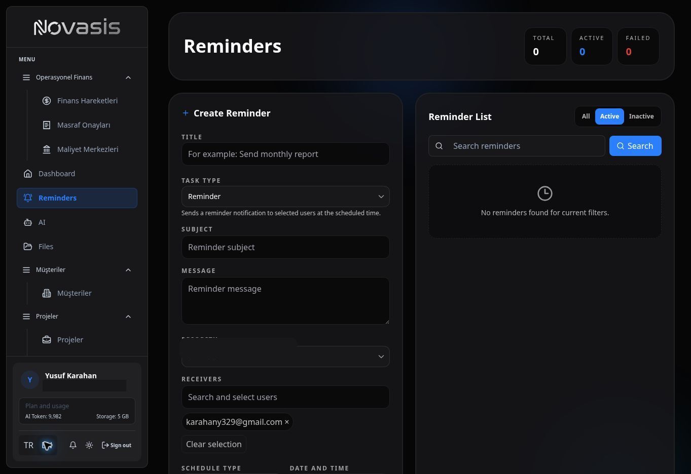 Reminders screen