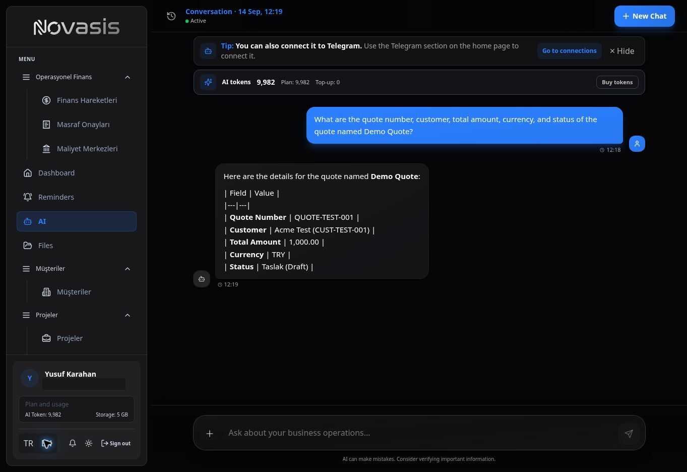 Querying Novasis data with the AI Assistant