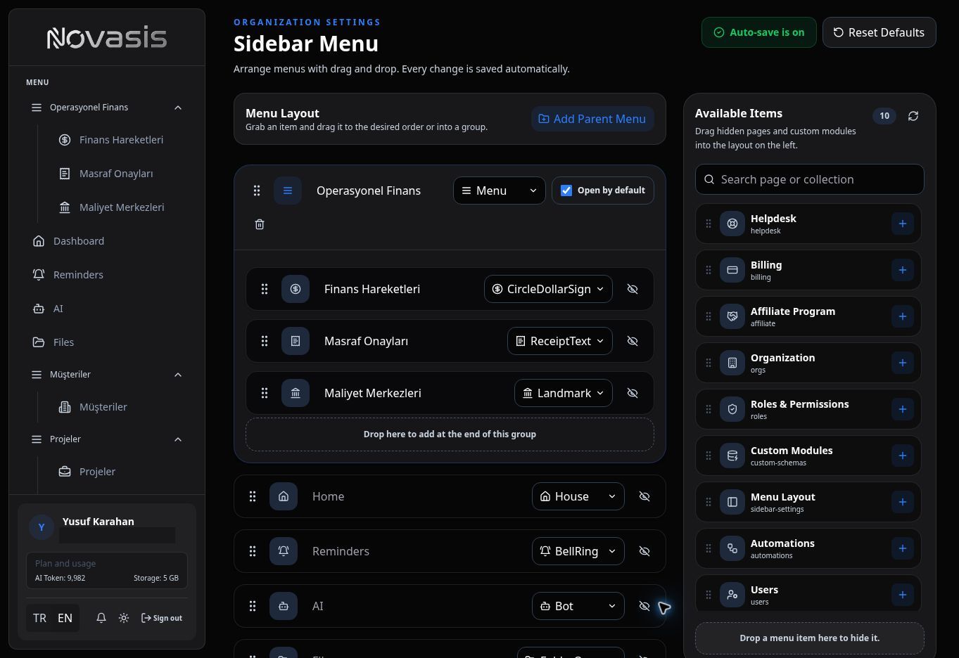 Menu Layout screen