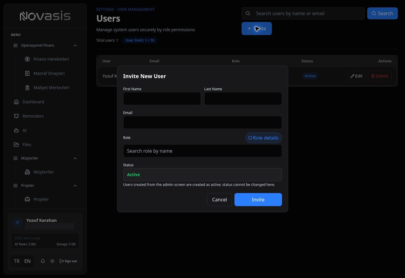 Invite user form