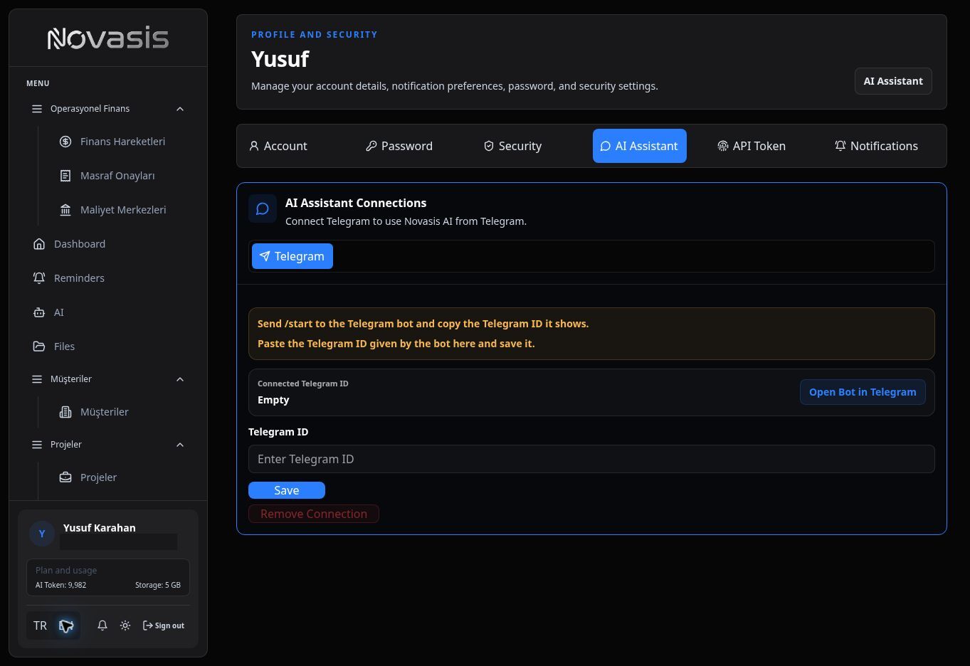 Telegram connection screen
