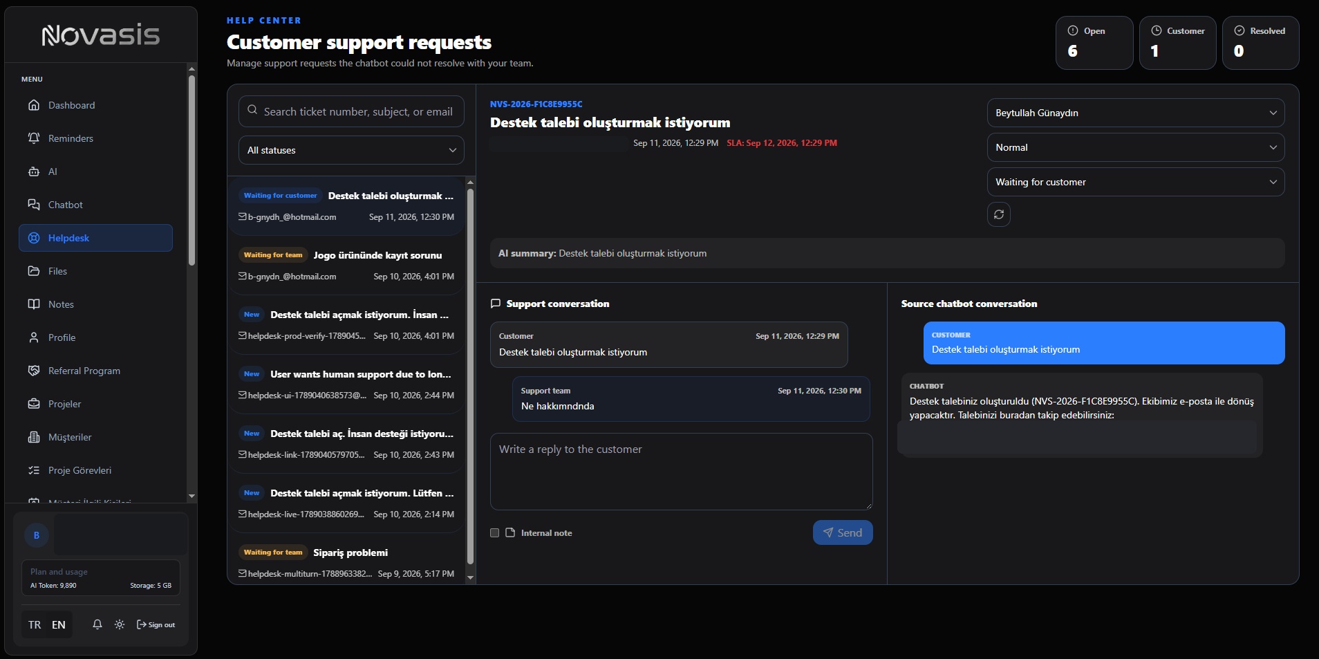 Novasis Helpdesk customer support requests screen