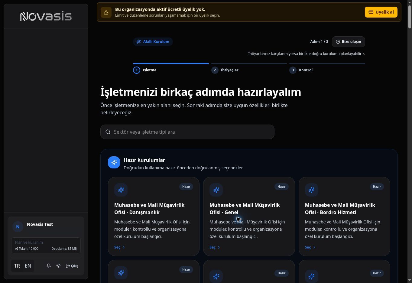 Çalışma alanı kurulumu - İşletme adımı