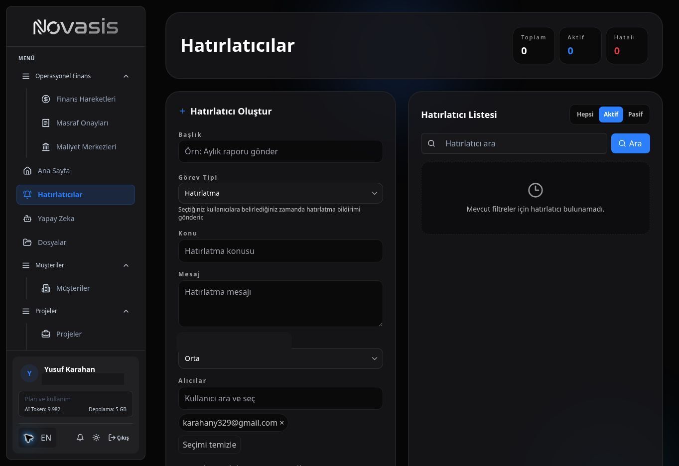Hatırlatıcılar ekranı