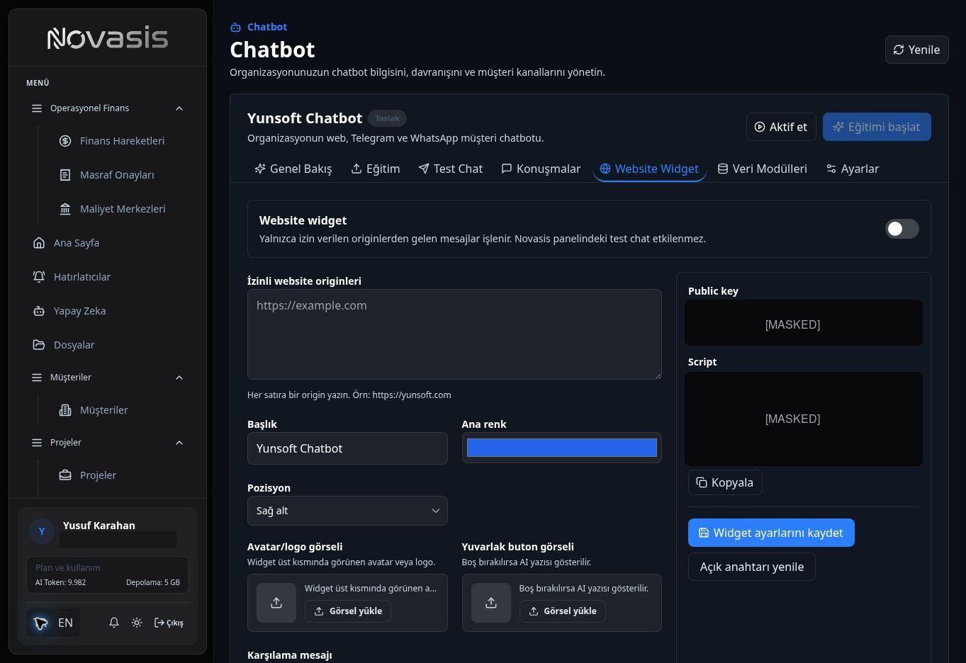 Web sitesi chatbot ayarları