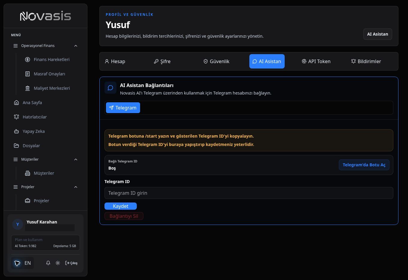 Telegram bağlantı ekranı