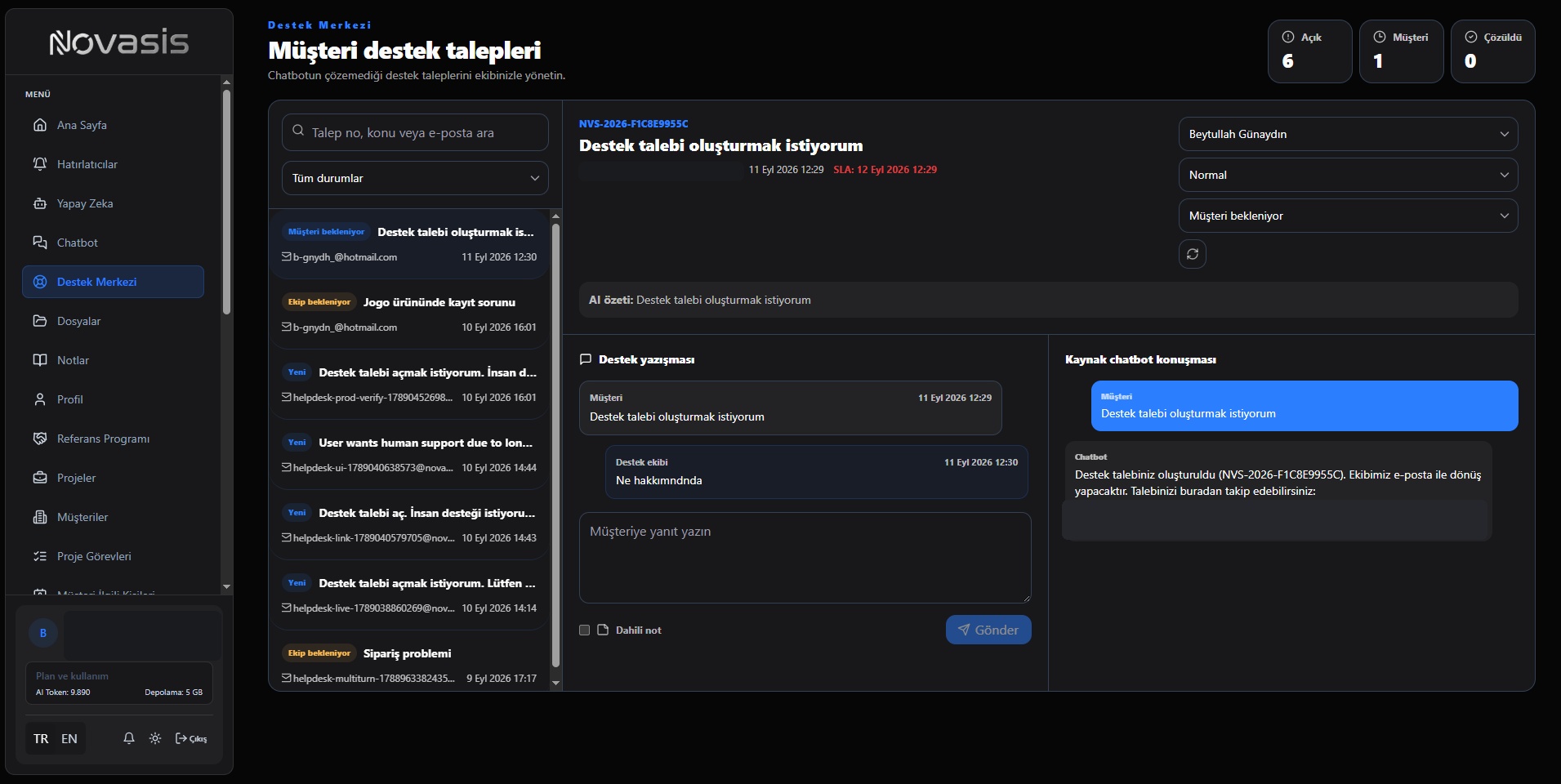 Novasis destek talepleri ekranı